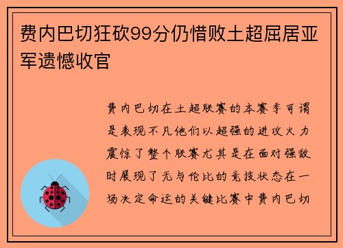 费内巴切狂砍99分仍惜败土超屈居亚军遗憾收官